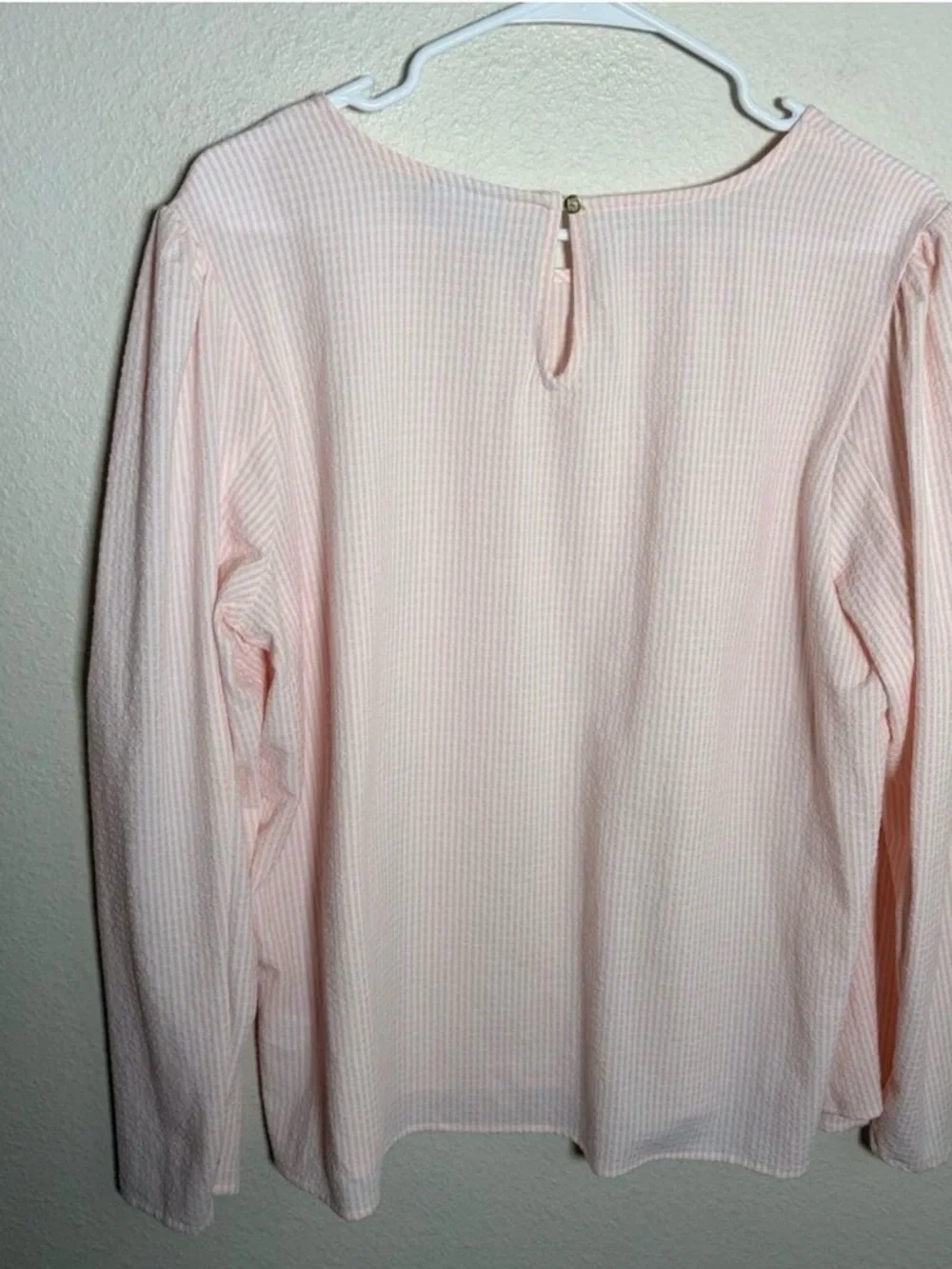 Liz Claiborne Blouse Women's Large Pink Striped Seersucker Long Sleeve Top Sheer - Picture 4 of 8